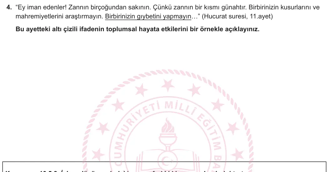 10. Sınıf Din Kültürü ve Ahlak Bilgisi 2024-2025 2. Dönem 2. Yazılı 4. Soru görseli