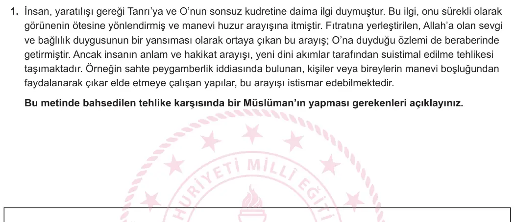 11. Sınıf Din Kültürü ve Ahlak Bilgisi 2024-2025 2. Dönem 2. Yazılı 1. Soru görseli