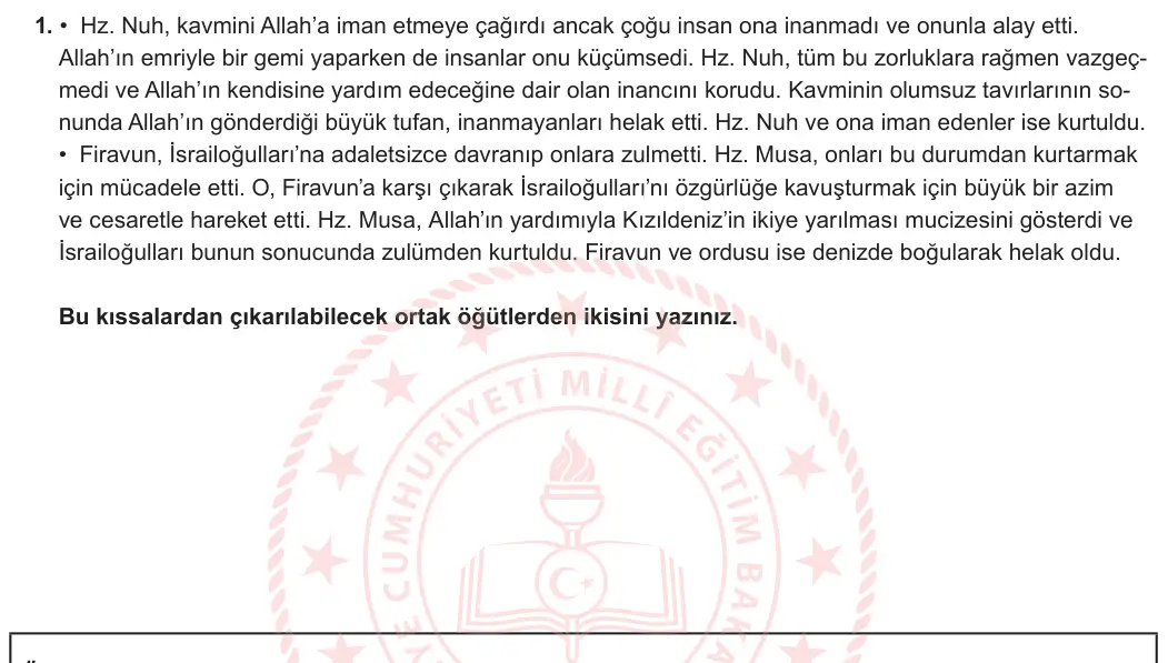 5. Sınıf Din Kültürü ve Ahlak Bilgisi 2024-2025 2. Dönem 2. Yazılı 1. Soru görseli