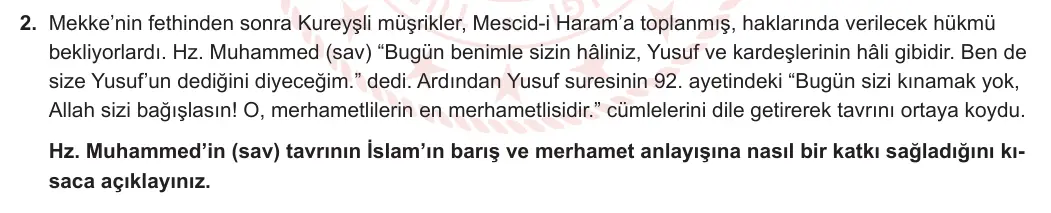 6. Sınıf Din Kültürü ve Ahlak Bilgisi 2024-2025 2. Dönem 2. Yazılı 2. Soru görseli
