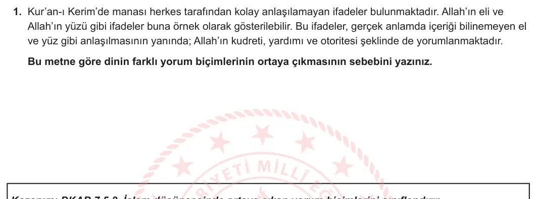 7. Sınıf Din Kültürü ve Ahlak Bilgisi 2024-2025 2. Dönem 2. Yazılı 1. Soru görseli