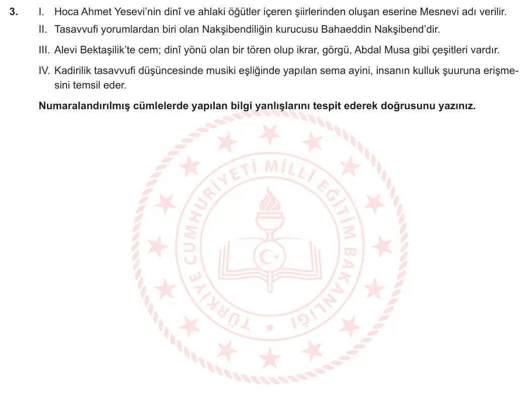 7. Sınıf Din Kültürü ve Ahlak Bilgisi 2024-2025 2. Dönem 2. Yazılı 3. Soru görseli