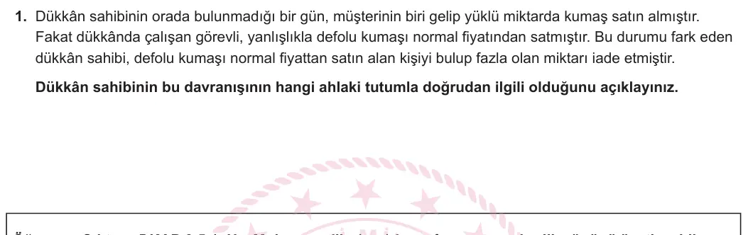 9. Sınıf Din Kültürü ve Ahlak Bilgisi 2024-2025 2. Dönem 2. Yazılı 1. Soru görseli