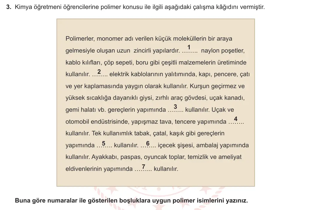10. Sınıf Kimya 2024-2025 2. Dönem 2. Yazılı 3. Soru görseli