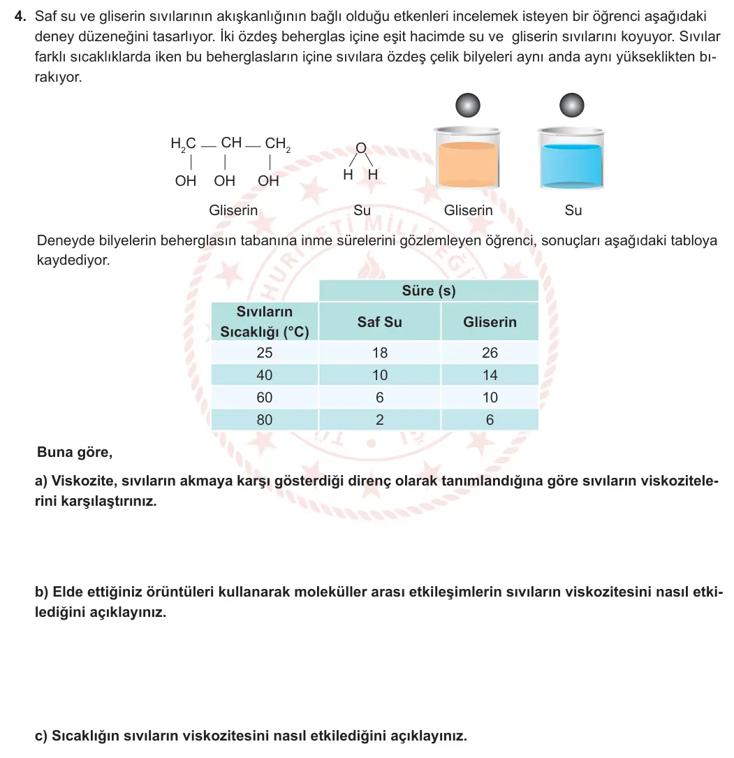 9. Sınıf Kimya 2024-2025 2. Dönem 2. Yazılı 4. Soru görseli