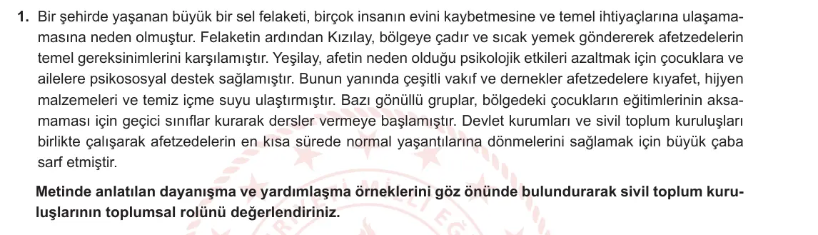 7. Sınıf Sosyal Bilgiler 2024-2025 2. Dönem 2. Yazılı 1. Soru görseli