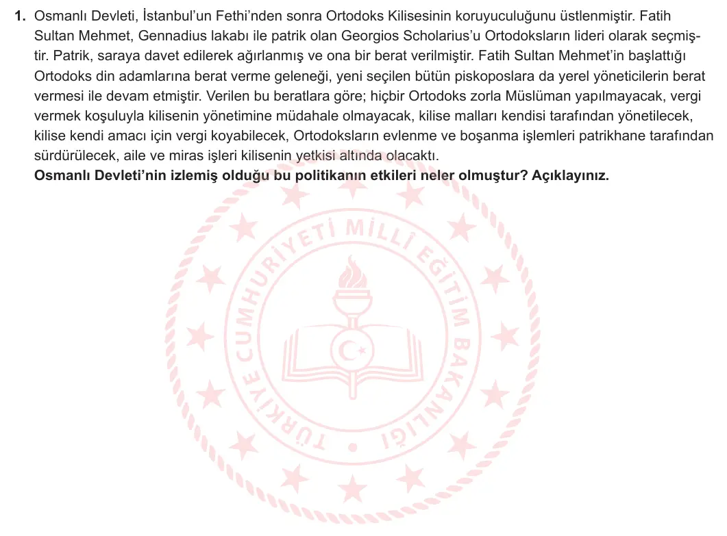 10. Sınıf Tarih 2024-2025 2. Dönem 2. Yazılı 1. Soru görseli