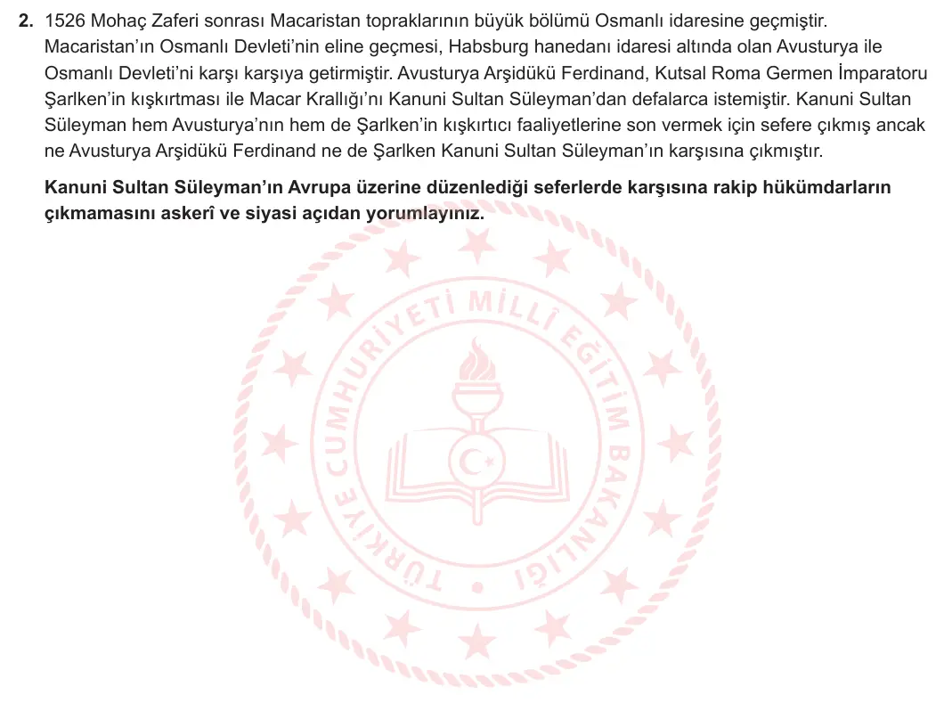 10. Sınıf Tarih 2024-2025 2. Dönem 2. Yazılı 2. Soru görseli