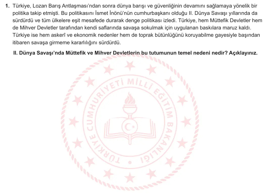 12. Sınıf T.C. İnkılap Tarihi ve Atatürkçülük 2024-2025 2. Dönem 2. Yazılı 1. Soru görseli