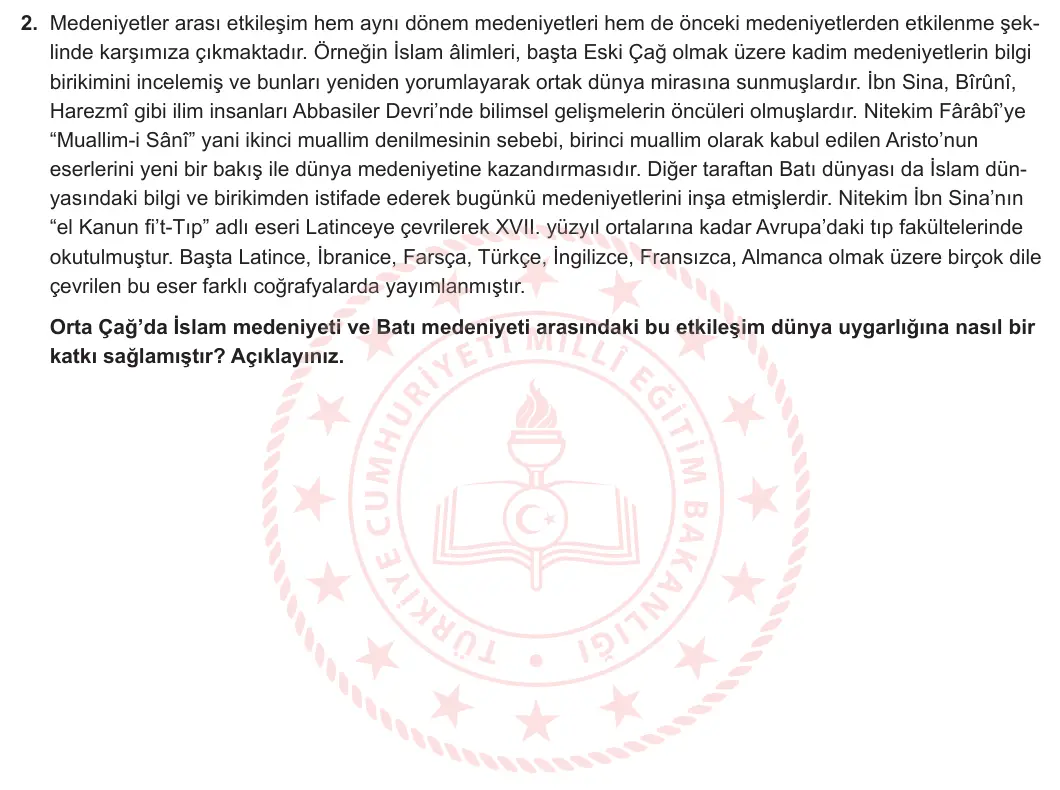 9. Sınıf Tarih 2024-2025 2. Dönem 2. Yazılı 2. Soru görseli