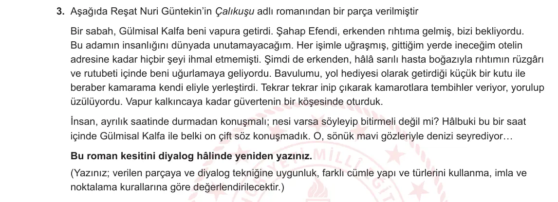 10. Sınıf Türk Dili ve Edebiyatı 2024-2025 2. Dönem 2. Yazılı 3. Soru görseli