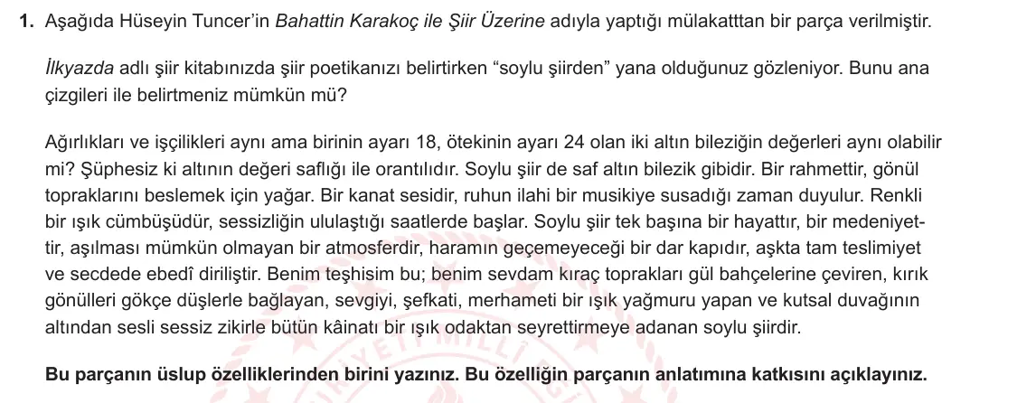11. Sınıf Türk Dili ve Edebiyatı 2024-2025 2. Dönem 2. Yazılı 1. Soru görseli