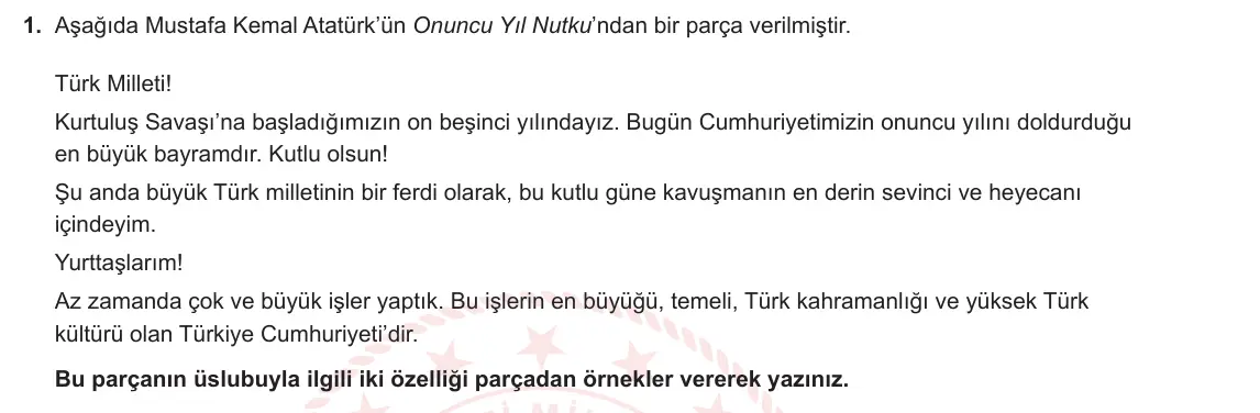 12. Sınıf Türk Dili ve Edebiyatı 2024-2025 2. Dönem 2. Yazılı 1. Soru görseli