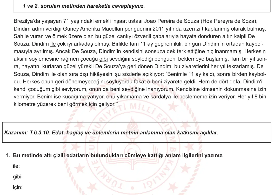6. Sınıf Türkçe 2024-2025 2. Dönem 2. Yazılı 1. Soru (MEB Yayınları) görseli