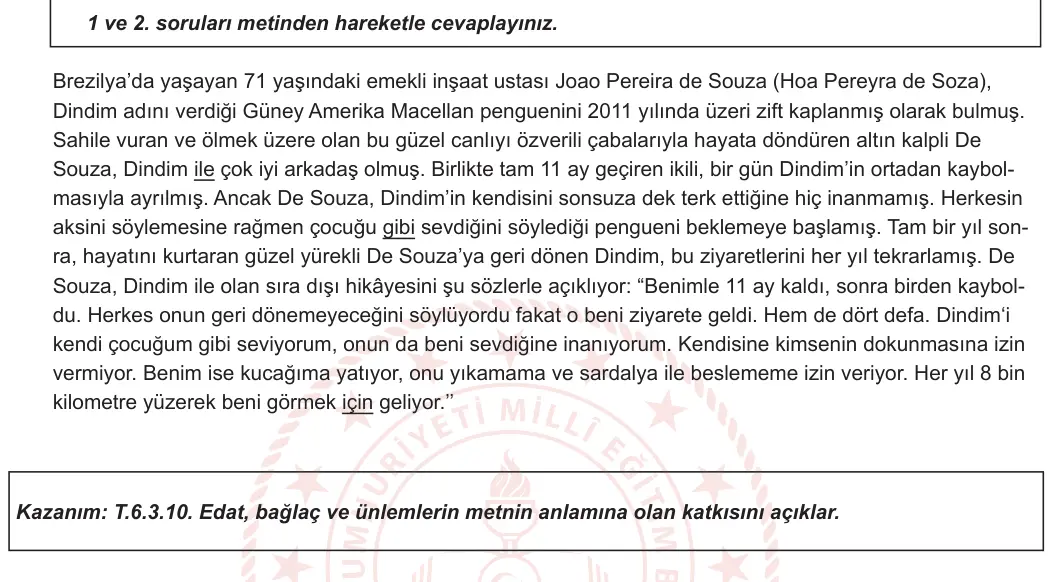 6. Sınıf Türkçe 2024-2025 2. Dönem 2. Yazılı 2. Soru (MEB Yayınları) görseli (1/2)