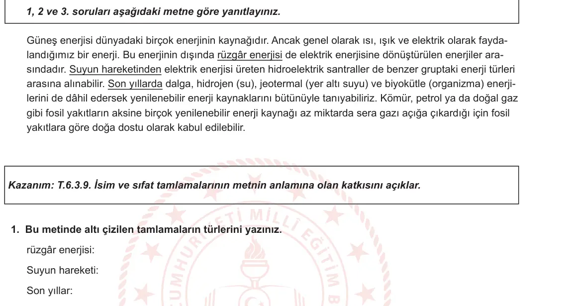 6. Sınıf Türkçe 2024-2025 2. Dönem 2. Yazılı 1. Soru (Yıldırım Yayınları) görseli