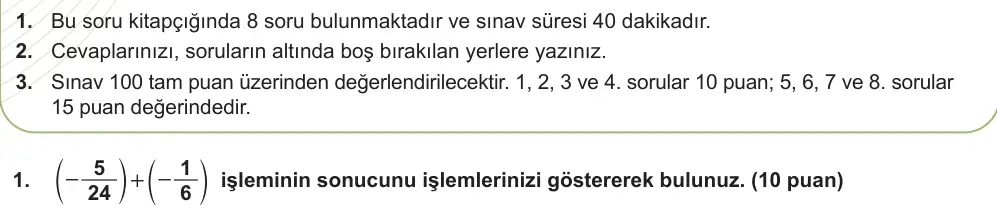 7. Sınıf Matematik 2024-2025 1. Dönem 2. Yazılı Ortak Sınav 1. Soru (Öğle Oturumu, Mazeret Sınavı) görseli