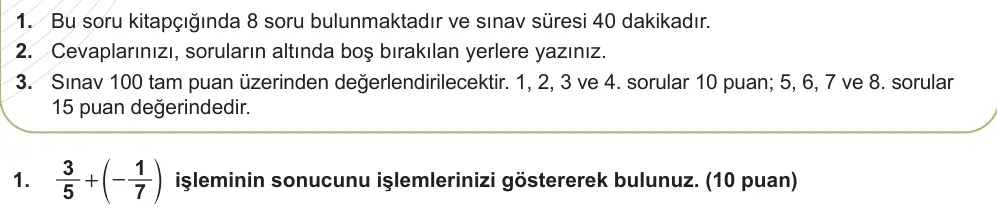 7. Sınıf Matematik 2024-2025 1. Dönem 2. Yazılı Ortak Sınav 1. Soru (Öğle Oturumu) görseli