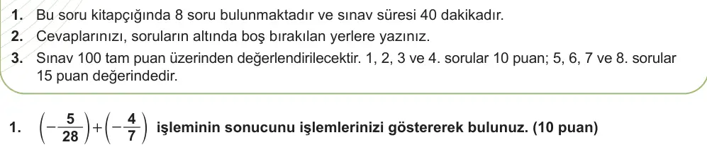 7. Sınıf Matematik 2024-2025 1. Dönem 2. Yazılı Ortak Sınav 1. Soru (Sabah Oturumu, Mazeret Sınavı) görseli