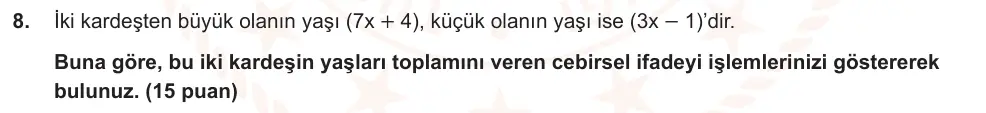 7. Sınıf Matematik 2024-2025 1. Dönem 2. Yazılı Ortak Sınav 8. Soru (Sabah Oturumu, Mazeret Sınavı) görseli