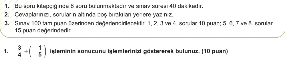 7. Sınıf Matematik 2024-2025 1. Dönem 2. Yazılı Ortak Sınav 1. Soru (Sabah Oturumu) görseli
