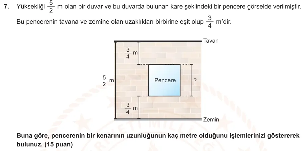 7. Sınıf Matematik 2024-2025 1. Dönem 2. Yazılı Ortak Sınav 7. Soru (Sabah Oturumu) görseli