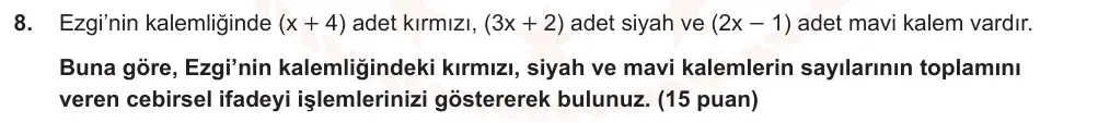 7. Sınıf Matematik 2024-2025 1. Dönem 2. Yazılı Ortak Sınav 8. Soru (Sabah Oturumu) görseli