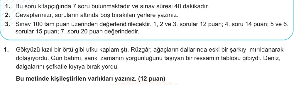 7. Sınıf Türkçe 2024-2025 1. Dönem 2. Yazılı Ortak Sınav 1. Soru (Öğle Oturumu, Mazeret Sınavı, MEB ders kitabı) görseli