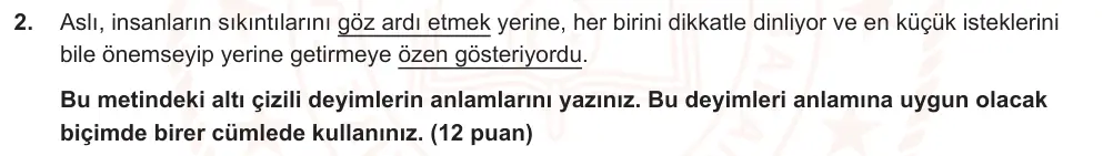 7. Sınıf Türkçe 2024-2025 1. Dönem 2. Yazılı Ortak Sınav 2. Soru (Öğle Oturumu, Mazeret Sınavı, MEB ders kitabı) görseli