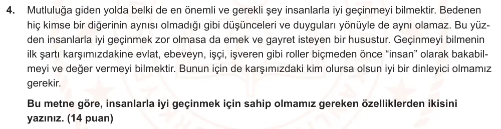 7. Sınıf Türkçe 2024-2025 1. Dönem 2. Yazılı Ortak Sınav 4. Soru (Öğle Oturumu, Mazeret Sınavı, MEB ders kitabı) görseli