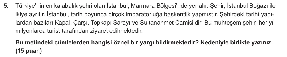 7. Sınıf Türkçe 2024-2025 1. Dönem 2. Yazılı Ortak Sınav 5. Soru (Öğle Oturumu, Mazeret Sınavı, MEB ders kitabı) görseli