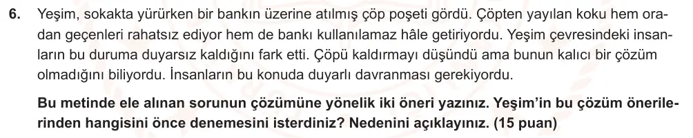 7. Sınıf Türkçe 2024-2025 1. Dönem 2. Yazılı Ortak Sınav 6. Soru (Öğle Oturumu, Mazeret Sınavı, MEB ders kitabı) görseli
