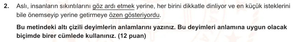 7. Sınıf Türkçe 2024-2025 1. Dönem 2. Yazılı Ortak Sınav 2. Soru (Öğle Oturumu, Mazeret Sınavı, Özgün ders kitabı) görseli