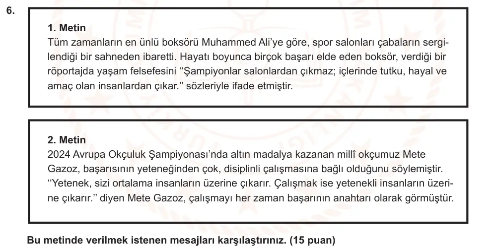 7. Sınıf Türkçe 2024-2025 1. Dönem 2. Yazılı Ortak Sınav 6. Soru (Öğle Oturumu, Mazeret Sınavı, Özgün ders kitabı) görseli