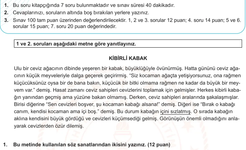 7. Sınıf Türkçe 2024-2025 1. Dönem 2. Yazılı Ortak Sınav 1. Soru (Öğle Oturumu, MEB ders kitabı) görseli