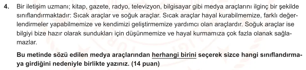 7. Sınıf Türkçe 2024-2025 1. Dönem 2. Yazılı Ortak Sınav 4. Soru (Öğle Oturumu, MEB ders kitabı) görseli