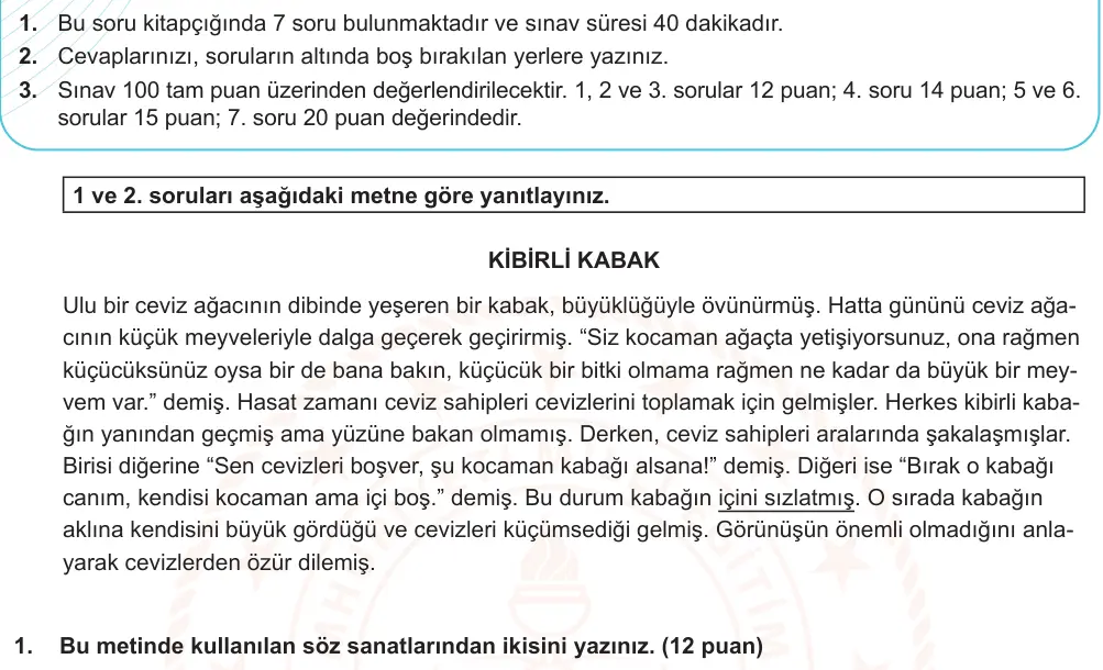 7. Sınıf Türkçe 2024-2025 1. Dönem 2. Yazılı Ortak Sınav 1. Soru (Öğle Oturumu, Özgün ders kitabı) görseli