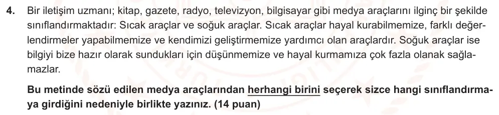 7. Sınıf Türkçe 2024-2025 1. Dönem 2. Yazılı Ortak Sınav 4. Soru (Öğle Oturumu, Özgün ders kitabı) görseli