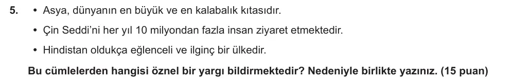 7. Sınıf Türkçe 2024-2025 1. Dönem 2. Yazılı Ortak Sınav 5. Soru (Öğle Oturumu, Özgün ders kitabı) görseli