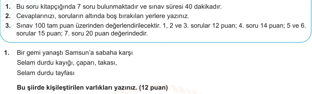 7. Sınıf Türkçe 2024-2025 1. Dönem 2. Yazılı Ortak Sınav 1. Soru (Sabah Oturumu, Mazeret Sınavı, MEB ders kitabı) görseli