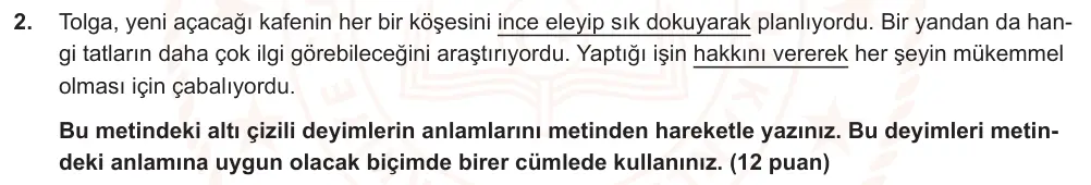 7. Sınıf Türkçe 2024-2025 1. Dönem 2. Yazılı Ortak Sınav 2. Soru (Sabah Oturumu, Mazeret Sınavı, MEB ders kitabı) görseli