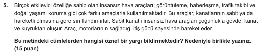 7. Sınıf Türkçe 2024-2025 1. Dönem 2. Yazılı Ortak Sınav 5. Soru (Sabah Oturumu, Mazeret Sınavı, MEB ders kitabı) görseli