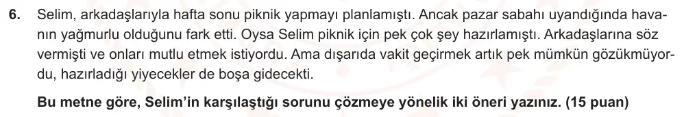 7. Sınıf Türkçe 2024-2025 1. Dönem 2. Yazılı Ortak Sınav 6. Soru (Sabah Oturumu, Mazeret Sınavı, MEB ders kitabı) görseli