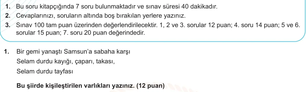 7. Sınıf Türkçe 2024-2025 1. Dönem 2. Yazılı Ortak Sınav 1. Soru (Sabah Oturumu, Mazeret Sınavı, Özgün ders kitabı) görseli