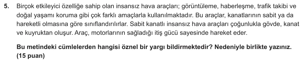 7. Sınıf Türkçe 2024-2025 1. Dönem 2. Yazılı Ortak Sınav 5. Soru (Sabah Oturumu, Mazeret Sınavı, Özgün ders kitabı) görseli