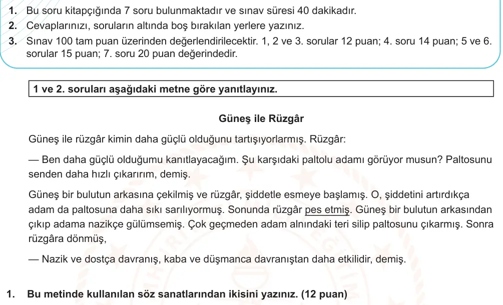 7. Sınıf Türkçe 2024-2025 1. Dönem 2. Yazılı Ortak Sınav 1. Soru (Sabah Oturumu, MEB ders kitabı) görseli