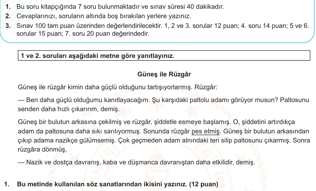 7. Sınıf Türkçe 2024-2025 1. Dönem 2. Yazılı Ortak Sınav 1. Soru (Sabah Oturumu, Özgün ders kitabı) görseli