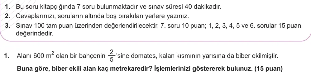 6. Sınıf Matematik 2024-2025 2. Dönem 1. Yazılı Ortak Sınav 1. Soru (Öğle Oturumu, Mazeret Sınavı) görseli