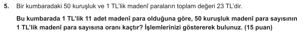 6. Sınıf Matematik 2024-2025 2. Dönem 1. Yazılı Ortak Sınav 5. Soru (Öğle Oturumu, Mazeret Sınavı) görseli