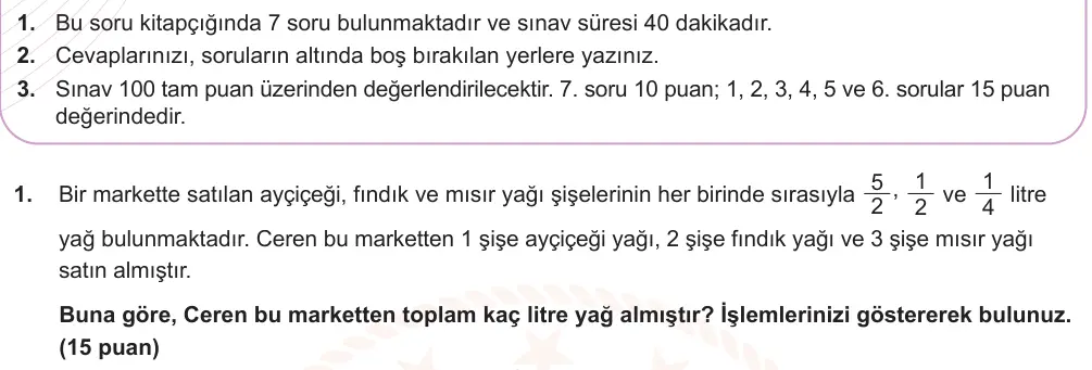 6. Sınıf Matematik 2024-2025 2. Dönem 1. Yazılı Ortak Sınav 1. Soru (Öğle Oturumu, MEB ders kitabı) görseli